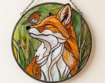 Handgemachter Glasmalerei-Fuchs und Vogel-Suncatcher, Waldtier-Fensterbehang