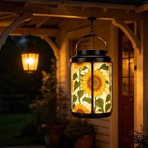 Lanterna LED com energia solar e design de girassol, ideal para jardim e áreas externas. Um presente perfeito!