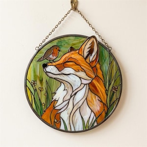 Handmade Stained Glass Fox and Bird Suncatcher, Woodland Animal Window Hanging