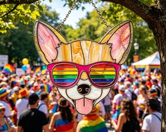 Handgemachter Glasmalerei-Regenbogenhund, LGBTQ + Pride Haustier-Dekor, kundenspezifische Glasplatte für Haus oder Fenster