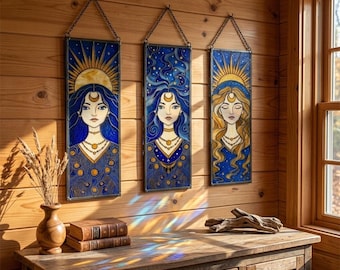 Vitral artesanal - Trío de Sol, Luna y Estrellas - Regalo único y decoración para el hogar