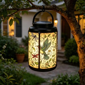 May include: Black solar-powered lantern hanging from a tree branch. The lantern features a decorative design with a hummingbird, dragonflies, and floral patterns. The lantern has a handle and a solar panel on top, perfect for outdoor lighting.