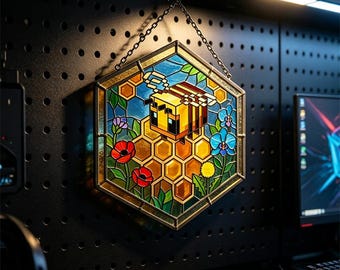 Stained Glass Bee – Honeycomb Window Hanging – Flower Garden Decor, Nature Gift for Home