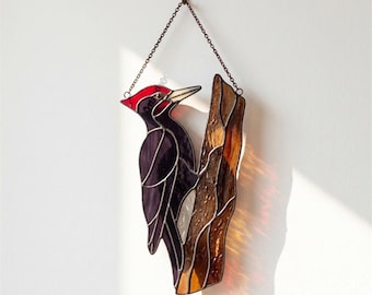 Handmade Stained Glass Woodpecker Suncatcher, Woodland Bird Window Art, Balcony Garden Decor
