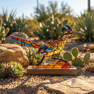 May include: A stained glass roadrunner figurine featuring vibrant blue, orange, and yellow glass segments with black lead lines. The bird is mounted on a rectangular wooden base, capturing the bird in a running pose with a long, colorful tail.