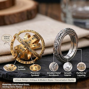 Rotatable Foldable Astronomical Sphere Ring, Anxiety Relief Ring, Silver Fidget Spinner Ring, Astronomy Celestial Ring, Stress Relief Gift