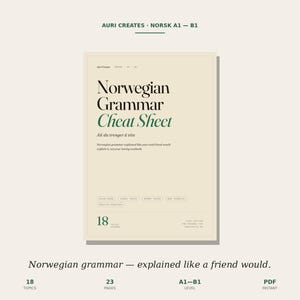 May include: A digital download titled "Norwegian Grammar Cheat Sheet" in cream. The title is in a bold, serif font with the words "Cheat Sheet" in green. The text below reads "All du trenger å vite." The document covers 18 topics and 23 pages.