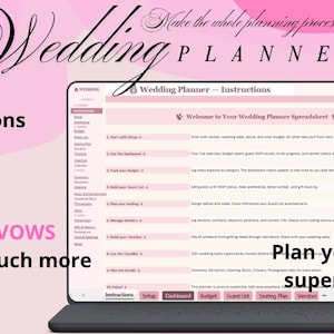 Puede incluir: Un diseño de planificador de bodas rosa y blanco con el texto "Wedding Planner" y "Make the whole planning process easy". La pantalla muestra una hoja de cálculo de planificador de bodas con instrucciones, una lista de invitados, proveedores y más.
