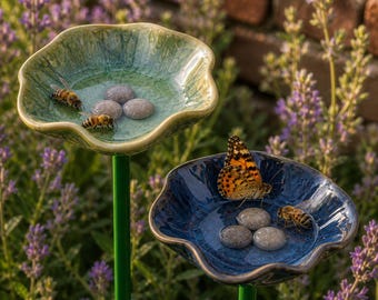 Mini Ceramic Bee Waterer Stake, Flower Pollinator Drinking Cup, Butterfly Puddler Garden Decor, Choose 1-6, Gardener Gift