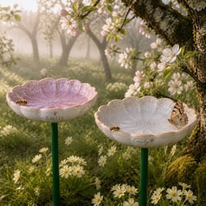 May include: Two flower-shaped bird baths on green metal stakes. One basin is light pink with a glossy finish, the other is off-white. Both feature scalloped edges and the name Emily printed on the side. A bee and a butterfly are visible.