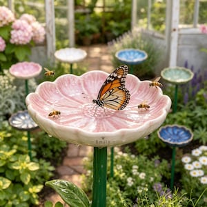 Peut inclure: Un bain d'oiseaux en céramique rose en forme de fleur sur une tige verte, avec le nom Emily imprimé sur le devant. Un papillon monarque repose sur les pétales, entouré de trois abeilles. Le bassin est rempli d'eau avec des gouttelettes.