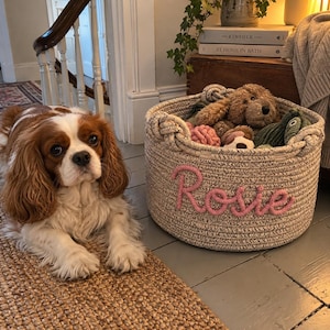 Op de afbeelding: Een ronde, beige mand van gevlochten touw met de naam Rosie in roze cursieve touwletters op de voorzijde. De mand is gevuld met diverse knuffels, waaronder een bruine knuffelhond en een groen speelgoedje, en heeft twee handvatten.