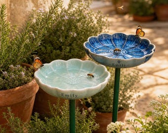 Personalized Ceramic Bee Waterer Garden Stake, Pollinator Water Station, Butterfly Puddler, Cottage Garden Decor, Gardener Gift