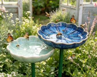 Ceramic Bee Watering Station, Flower Garden Stake, Butterfly Puddler, Pollinator Water Dish, Set of 1-6, Gardener Gift