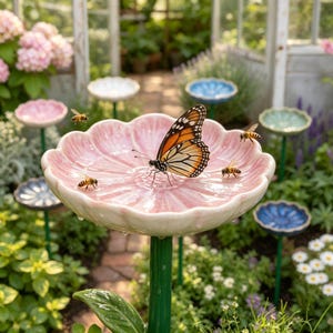 以下が含まれることがあります： 緑色の茎の上に置かれたピンク色の花形の陶器製バードバス。中央のボウルにはオオカバマダラがとまっており、その周りに3匹の小さなミツバチがいます。ボウルは縁が波打った形状で、光沢のある仕上げが施され、表面には水滴が見えます。