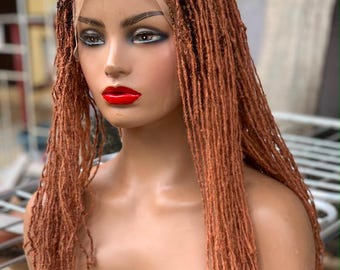 Gelaagde perzikkleurige, kastanjebruine pruik van echt mensenhaar met dunne dreadlocks en donkere wortels – Realistische kanten hoofdhuid, lichtgewicht dunne dreadlocks