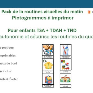Peut inclure: Un pack de routines visuelles du matin à imprimer avec des pictogrammes pour enfants. Le texte indique 'Pack de la routines visuelles du matin', 'Pictogrammes à imprimer', 'Pour enfants TSA TDAH TND' ainsi que des listes de guides et tableaux.