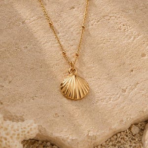 Op de afbeelding: Een goudkleurige ketting met een fijne schakelketting voorzien van kleine, gelijkmatig verdeelde kraaltjes en een hanger in de vorm van een geribbelde schelp. Het metaal heeft een gepolijste afwerking die licht reflecteert en helder oogt.
