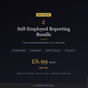 Może przedstawiać: Reklama pakietu raportowania dla osób samozatrudnionych na ciemnym tle. Tekst brzmi "Self-Employed Reporting Bundle". Cena to £6,99, obniżona z £9,97. Zawiera 27 arkuszy, 3 szablony, na rok podatkowy 2026/27.