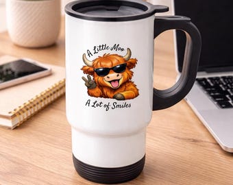Divertida taza de viaje con diseño de vaca de las Tierras Altas, linda taza de café con forma de vaca, Un pequeño mugido, muchas sonrisas, Regalo para amantes de las vacas