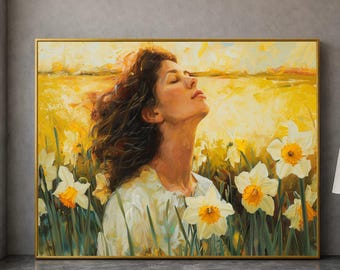 Gelassene Frau inmitten von Narzissen Leinwand, Blumenfeld Wandkunst, Friedliche Porträt Leinwand, Gelbe Frühlingsblumen Dekoration