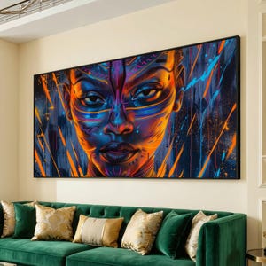 Lienzo con rostro tribal neón vibrante, retrato abstracto para pared, decoración urbana contemporánea, lienzo de expresión colorida, declaración artística audaz