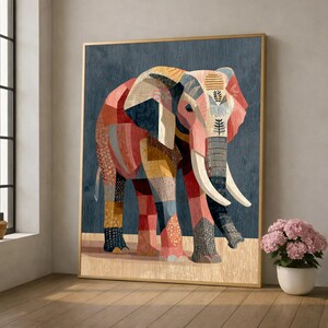 Bunter Patchwork Elefant Leinwand-Wand-Kunst, abstrakte Tiermalerei, modernes Safari-Dekor, große wild lebende Tiere Leinwand, fertig zum Aufhängen Kunstwerk