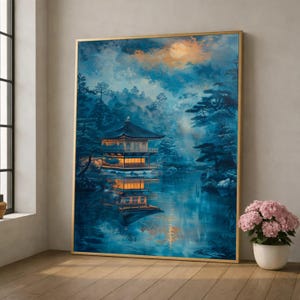 Tranquilo templo japonés de noche, reflejos a la luz de la luna sobre lienzo, arte mural de paisaje asiático, serena escena de agua y bosque, hogar apacible