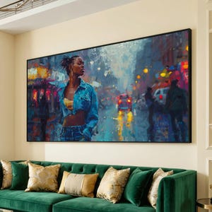Ambiente nocturno urbano, lienzo con chaqueta vaquera para mujer, arte de la vida nocturna de la ciudad, lienzo con retrato de moda, decoración de pared moderna