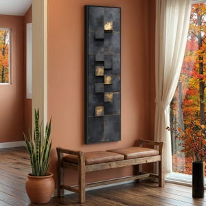 Quadro su tela moderno con cubi geometrici, design astratto industriale nero e oro, decorazione per la casa con effetto 3D, stampa su tela contemporanea