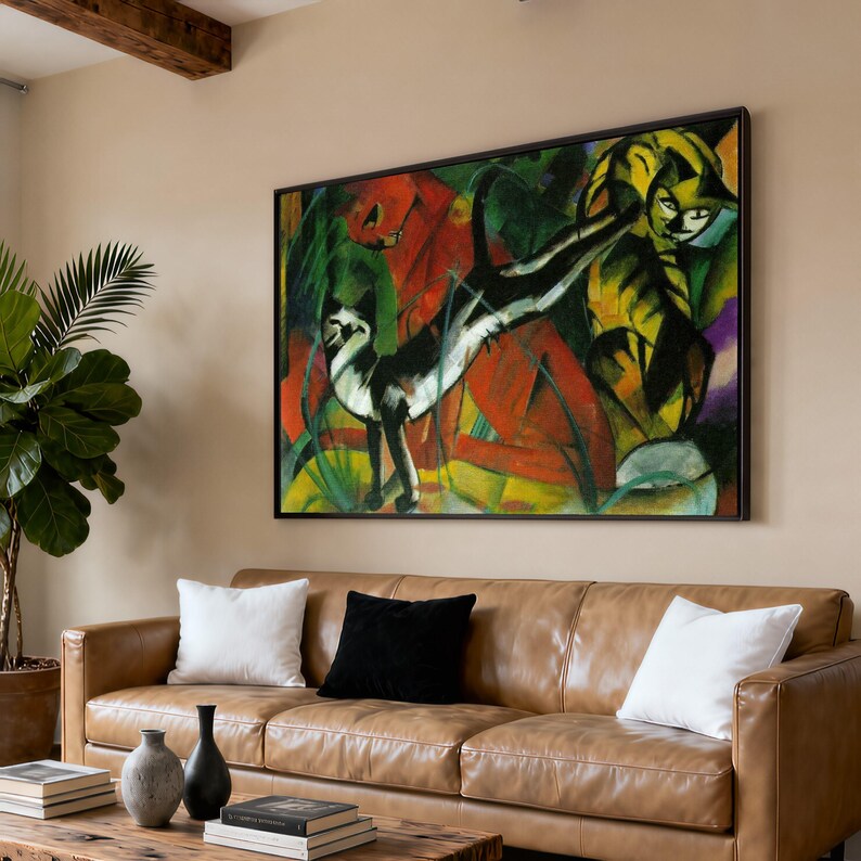 Abstract Three Cats Art Canvas, Franz Marc Animal Painting, Modern Cubism Wall Art, Colorful Cat Canvas Decor, Bold Artistic Home Decoration image 2