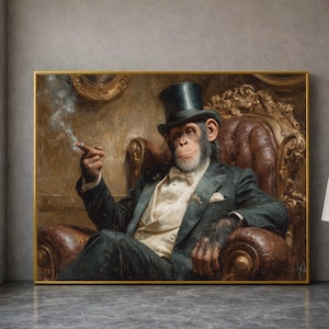 Elegante ritratto di scimpanzé su tela, arte di primati in stile vintage, decorazione murale in abito formale, dipinto di scimmia gentiluomo, tela unica per la casa