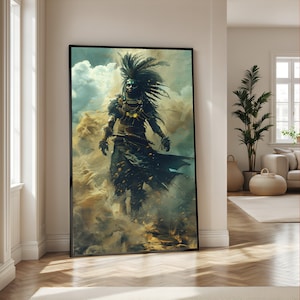 Puede incluir: Una impresión artística enmarcada que presenta una figura estilizada con un tocado de plumas y joyas ornamentadas. La obra de arte está ambientada sobre un fondo de nubes arremolinadas en tonos azules, dorados y marrones. La figura se representa en una pose dinámica.