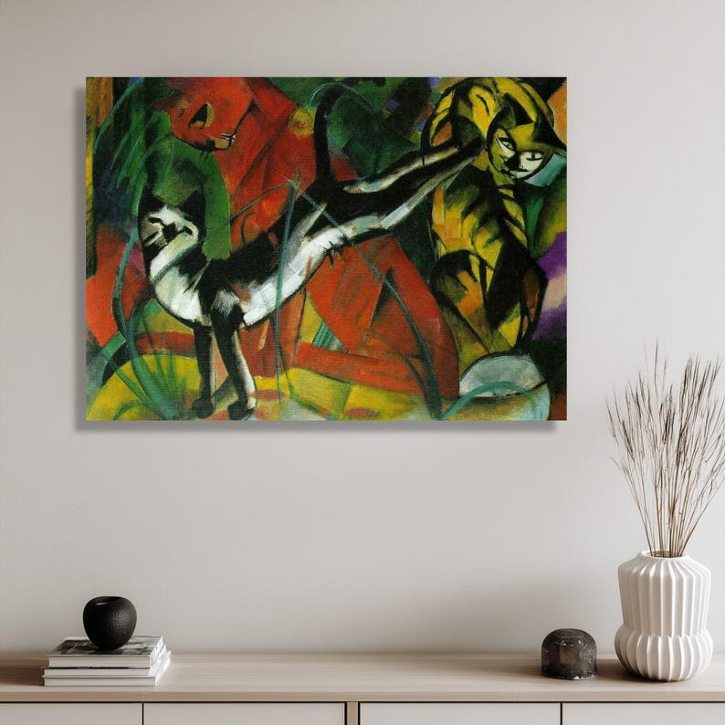 Abstract Three Cats Art Canvas, Franz Marc Animal Painting, Modern Cubism Wall Art, Colorful Cat Canvas Decor, Bold Artistic Home Decoration image 6