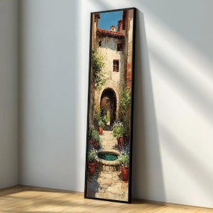 Lienzo de patio mediterráneo con fuente, arte mural de arquitectura rústica, escena de jardín con macetas, lienzo de callejón estrecho iluminado por el sol, clásico