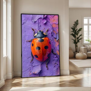 Vibrant Ladybug on Purple Peel Canvas, Close-Up Insect Wall Art, Nature Macro Canvas, Colorful Bug Design, Home Decor Accent