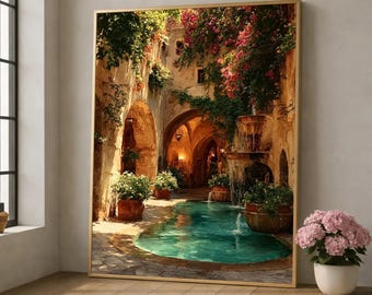 Mediterranean Courtyard Scene Canvas, Rustic Architecture Wall Art, Blooming Bougainvillea, Water Fountain Decor, Cozy Outdoor Canvas