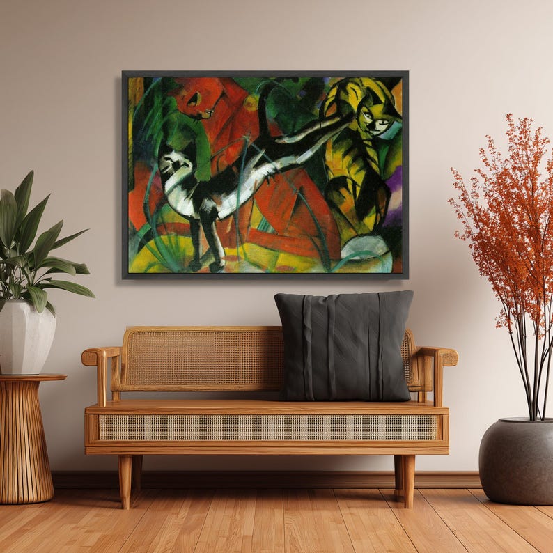 Abstract Three Cats Art Canvas, Franz Marc Animal Painting, Modern Cubism Wall Art, Colorful Cat Canvas Decor, Bold Artistic Home Decoration image 3