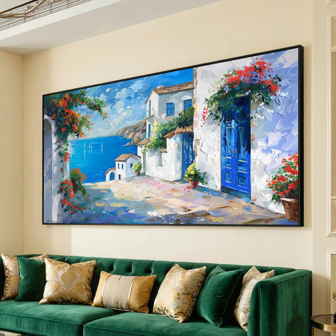 Mediterranean Seaside Village Canvas, Blue Door Wall Art, Coastal ...