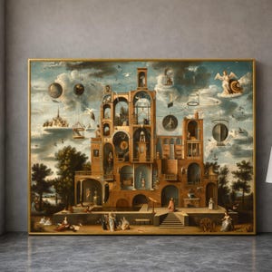 May include: A framed vintage painting depicting a fantastical architectural structure with multiple levels and arched openings. The artwork features figures, celestial elements, and a muted color palette of browns, blues, and golds. The painting is displayed in a gold frame.