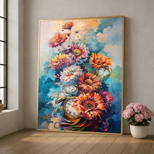 Livfulla blommiga klockor på canvas, surrealistisk tid och blommor väggkonst, färgglad trädgårdsdekor, abstrakt botanisk canvas, heminredningskonstverk