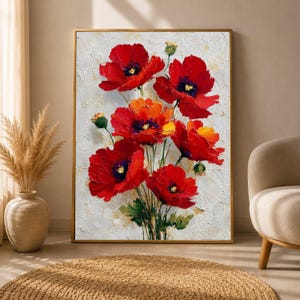 May include: A rectangular wall art piece featuring an oil painting of vibrant red poppies with dark centres and green stems against a textured off-white background. The flowers are rendered with thick, visible brushstrokes in a vertical composition.