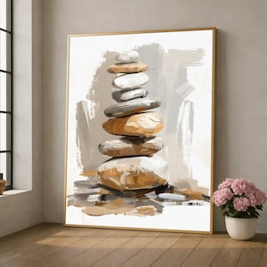 Balanced Stone Stack Canvas, Modern Abstract Wall Art, Earth Tone Home Decor, Zen Relaxation Artwork, Neutral Color Canvas Print