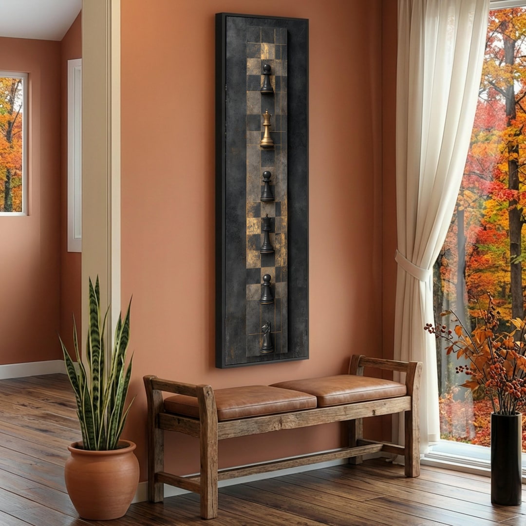 Modern Chess Pieces Canvas Wall Art, Black and Gold Chessboard Design ...