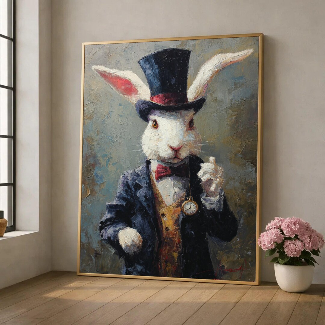 Dapper White Rabbit in Top Hat, Vintage Style Canvas Wall Art ...