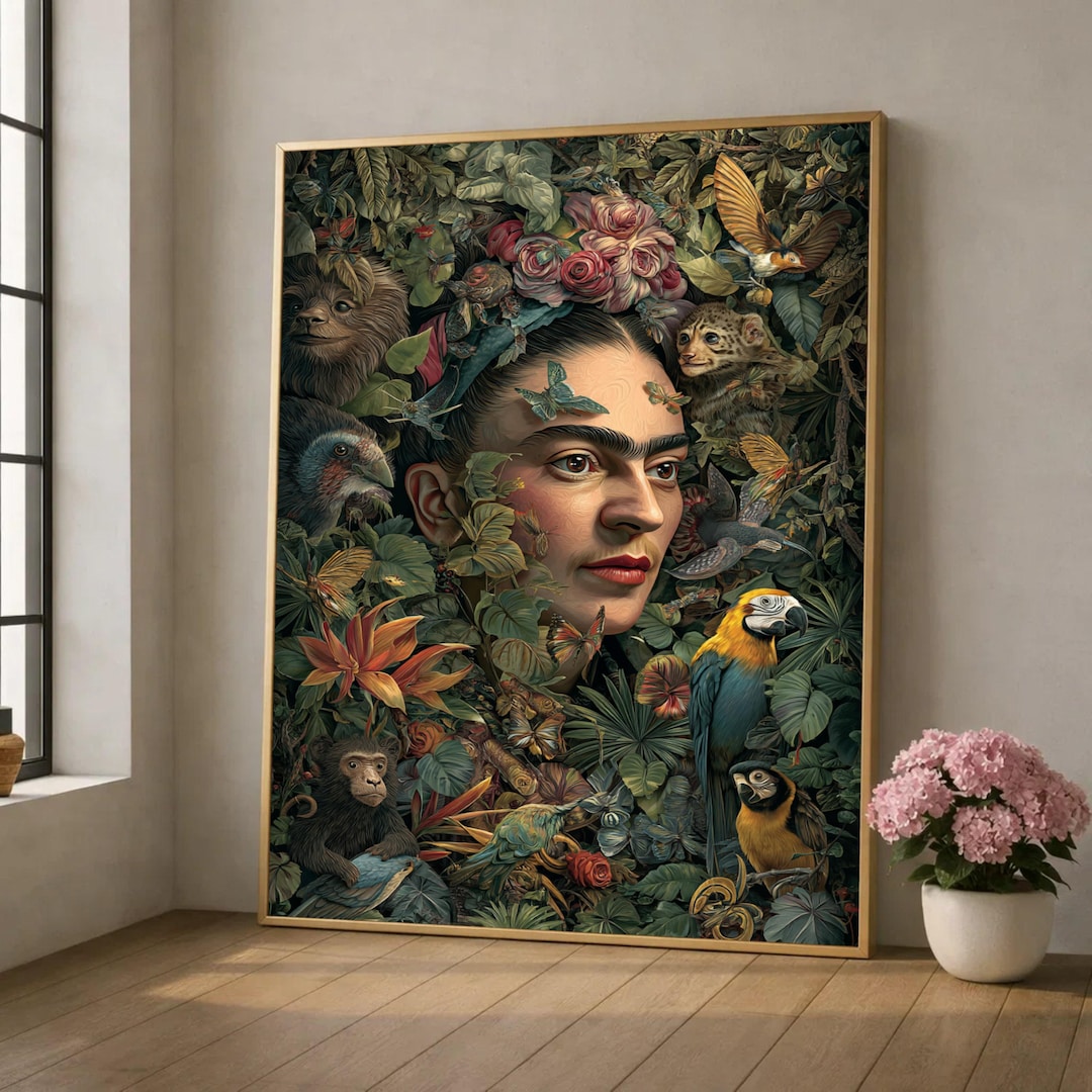 Frida Kahlo Portrait Canvas, Jungle Flora and Fauna Wall Art, Exotic ...