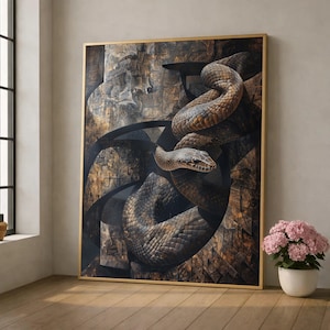 Op de afbeelding: Een ingelijst kunstwerk met een gedetailleerde afbeelding van een slang. De slang, met zijn getextureerde schubben in tinten bruin en grijs, is opgerold tegen een achtergrond van abstracte vormen en texturen. Het kunstwerk wordt tentoongesteld in een kamer met een raam en een vaas met roze bloemen.