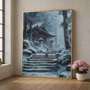 Snowy Temple Staircase Canvas, Winter Forest Scene, Serene Japanese Shrine Wall Art, Nature Landscape Canvas, Calm Outdoor Decoration