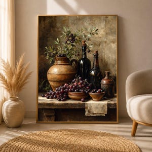 Rustic Grapes and Bottles Still Life Canvas, Vintage Kitchen Wall Art, Classic Fruit and Pottery Decoration, Country Home Canvas Print