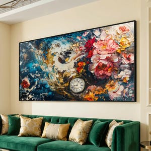 Reloj vintage y lienzo con explosión floral, arte abstracto para pared, pintura de ramo colorido, lienzo para decoración del hogar, decoración elegante para la sala de estar.